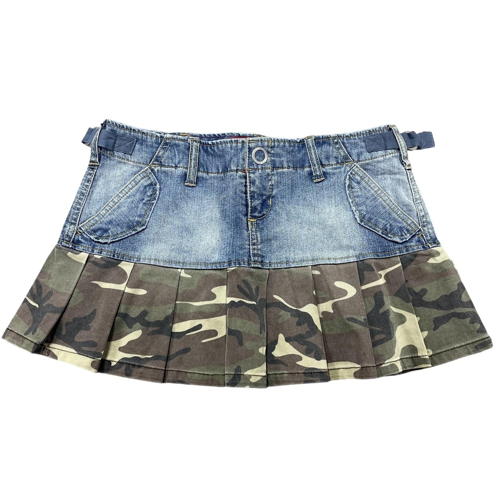 GLO Skirt Juniors 3 Blue Camo Pleated Denim‎ Mini Pockets Low Rise Y2K Belted